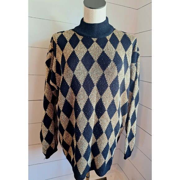 VTG Pullover Sweater Metallic Gold/Black Diamond Pattern Maurada Collections XL - Picture 1 of 14
